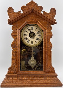lot 375 image: Antique Waterbury Mantel Clock with Ornate Wood Case and Key