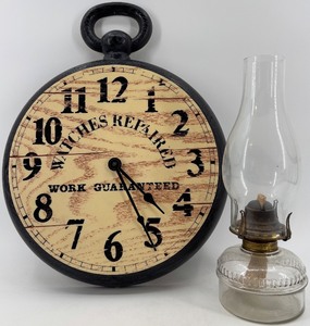 lot 377 image: Wall Clock & Glass Oil Lamp Set