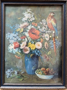 lot 379 image: Vintage 1946 Brown & Bigelow Parrot and Floral Art Print