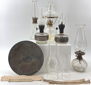 lot 382 image: Collection of Vintage Oil Lamps with Glass Chimneys and Accessories