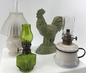 lot 383 image: Collection of Vintage Oil Lamps and Green Cast Rooster Decor