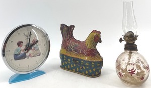 lot 385 image: Vintage Table Clock, Tin Chicken Toy, and Glass Oil Lamp Set