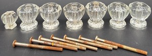 lot 386 image: Set of 7 Vintage Clear Glass Drawer Pull Knobs with Mounting Hardware