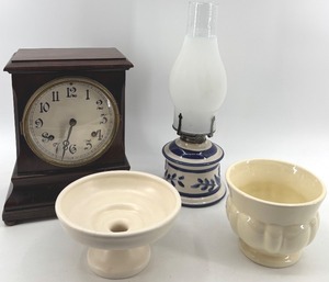 lot 390 image: Antique Mantel Clock, Ceramic Bowls, and Ceramic Oil Lamp Set