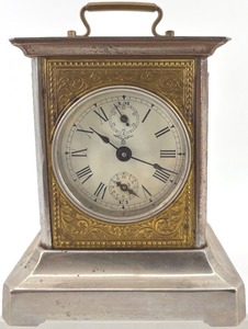 lot 391 image: Antique Brass and Silver-Tone Carriage Mantel Clock with Roman Numerals - Germany