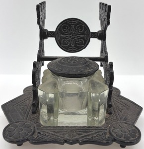 lot 405 image: Antique Cast Iron and Glass Inkwell with Ornate Victorian Design