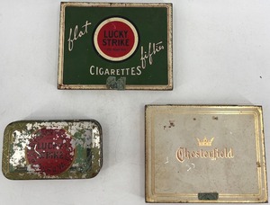 lot 406 image: Lot of 3 Vintage Cigarette Tins - Lucky Strike and Chesterfield Collectible Tobacco Tins