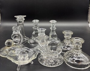 lot 416 image: Vintage Clear Glass Candlestick Holders Assorted Styles