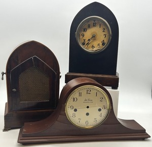 lot 424 image: Lot of 3 Antique Mantel Clocks including Ingraham Gothic-Style Wooden Clocks FOR PARTS OR REPAIR