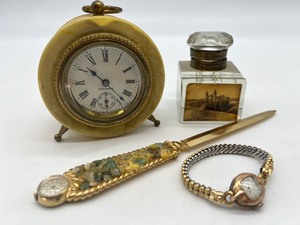 lot 438 image: Antique Desk Set with Seth Thomas Clock, Caravelle Watch, Inkwell, and Letter Opener