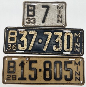 Set of 3 Vintage Minnesota License Plates 1928, 1933, 1936