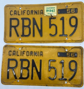 lot 444 image: Pair of 1956 California Yellow License Plates with 1962 Tag