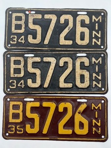 lot 447 image: Set of 3 Vintage Minnesota License Plates from 1934 and 1935