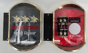 lot 450 image: Pair of Vintage Budweiser Malt Liquor Wall Signs with Display Can
