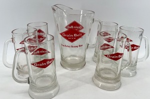 lot 455 image: Grain Belt Beer Glass Pitcher with 6 Matching Mugs