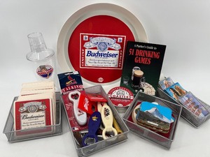 lot 456 image: Barware Lot with Budweiser Tray, Coasters, Bottle Openers, Book, and Playing Cards