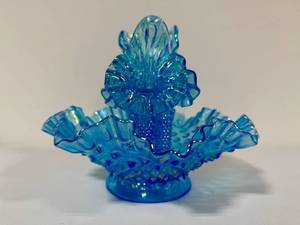 **Rare** FENTON Colonial Blue Iridescent Three Horn Hobnail Glass Epergne
