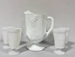 lot 6 image: Indiana Colony Milk Glass Opaque Pitcher, Compote & 4 Goblets