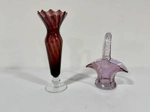 lot 21 image: Amethyst Color Glass Vase and Lilac Glass Brides Basket