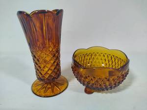 lot 9 image: Indiana Glass Amber Diamond Point 3-Footed Candy Dish & Similar Vase