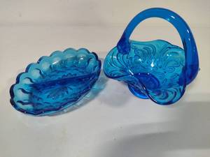 lot 80 image: Vintage Aqua Glass Basket & Divided Plate