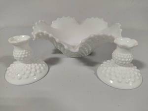 lot 76 image: White Hobnail Milk Glass Centerpiece Bowl & Candle Holders
