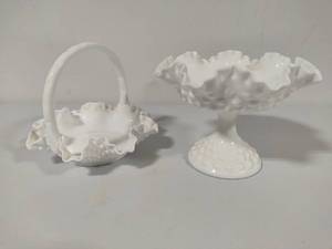 lot 75 image: Hobnail Milk Glass Candy Dish & Small Basket
