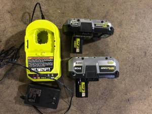 lot 47 image: RYOBI ONE 18V Lithium-Ion HIGH PERFORMANCE Starter Kit with 2.0 Ah Battery, (2) 4.0 Ah Batteries, and Charger   Customer Returns See Pictures