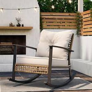 lot 54 image: LAUSAINT HOME Rattan Wicker Outdoor Rocking Chair with Beige Cushions     Customer Returns See Pictures