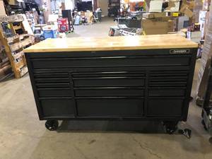 lot 1 image: Husky 61 in. W x 23 in. D Heavy Duty 15-Drawer Mobile Workbench Tool Chest with Solid Wood Top in Matte Black No Keys Customer Returns See Pictures