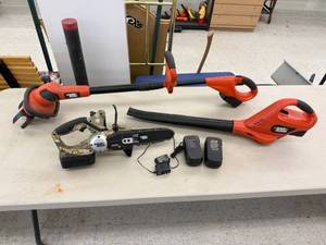 lot 1 image: 18 Volt Black & Decker Cordless Tools - Chainsaw, Blower, Garden Cultivator with Charger & 2 Batteries