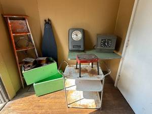 lot 209 image: Ladder, Time Clocks, Stool, Cart, Vintage Ironing Board