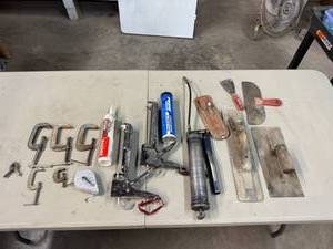 lot 233 image: Clamps, Caulking Guns, Grease Gun & Chalk Line