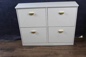 lot 35 image: Modern Gray Shoe Storage Cabinet with 4 Drop-Down Drawers