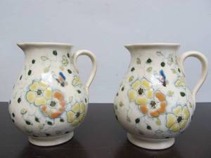 lot 9 image: Pair of Antique Zsolnay Floral Ceramic MilkCream Pitchers ca. 1910