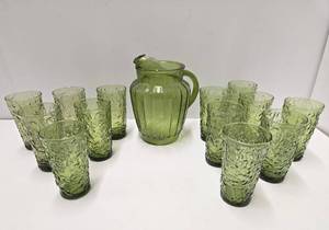 lot 142 image: Retro Vintage Anchor Hocking Milano Green Glass Tumbler & Pitcher Set