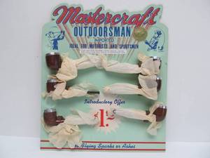 lot 61 image: Fantastic Orig 1940s-50s MASTERCRAFT Outdoorsman Advertising Cigar Store Display Sign wNOS Smoking Pipes 