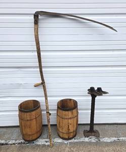 lot 197 image: Primitive Antique Nail Kegs, Cast Iron Cobblers Tool & Larger Harvesting Sickle