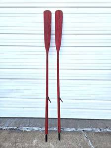 lot 288 image: Great Pair of Old Vintage Red Wooden Canoe Paddles 