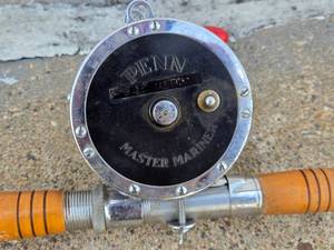 lot 289 image: Excellent Old Tonkin Cane Fishing Pole wHUGE Penn Master Mariner Reel