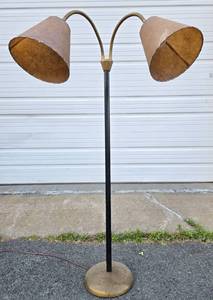 lot 5 image: Very Nice Mid Century Dual Arm Gooseneck Floor Lamp wFiberglass Shades