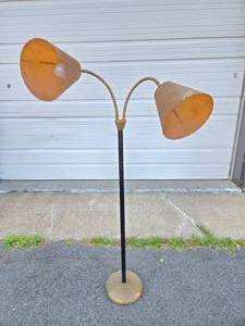 Very Nice Mid Century Dual Arm Gooseneck Floor Lamp w/Fiberglass Shades