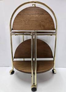 lot 308 image: Vintage Brass & Wood Round Rolling 2-Tier Cart Table