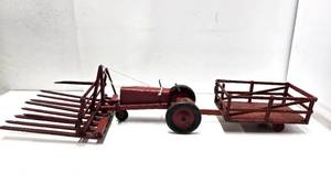 lot 312 image: Awesome Large Old Vintage Folk Art Wooden Farm Implement & Trailer