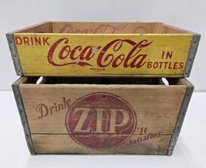 lot 351 image: 2 Vintage Wooden Advertising Soda Crates - Coca Cola & ZIP