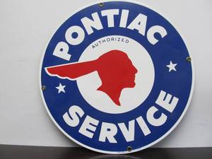 lot 206 image: Heavy Porcelain PONTIAC SERVICE Sign - Ande Rooney - 11 diameter