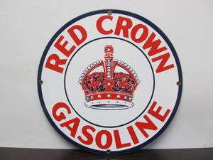 lot 207 image: Heavy Porcelain RED CROWN GASOLINE Sign - Ande Rooney - 11 diameter