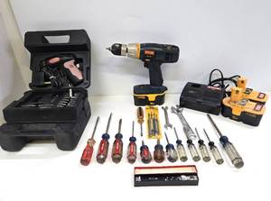 lot 248 image: Estate Lot of Tools Ryobi Cordless Drill w3 Batteries and Charger