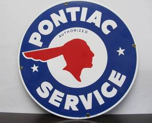 lot 206 image: Heavy Porcelain PONTIAC SERVICE Sign - Ande Rooney - 11 diameter