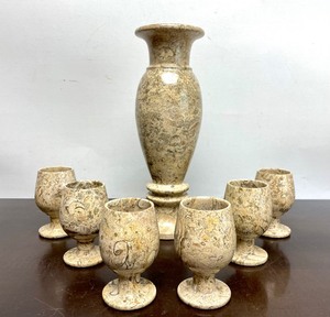 lot 41 image: Heavy Stone Wine Carafe w Set of 6 Matching Glasses